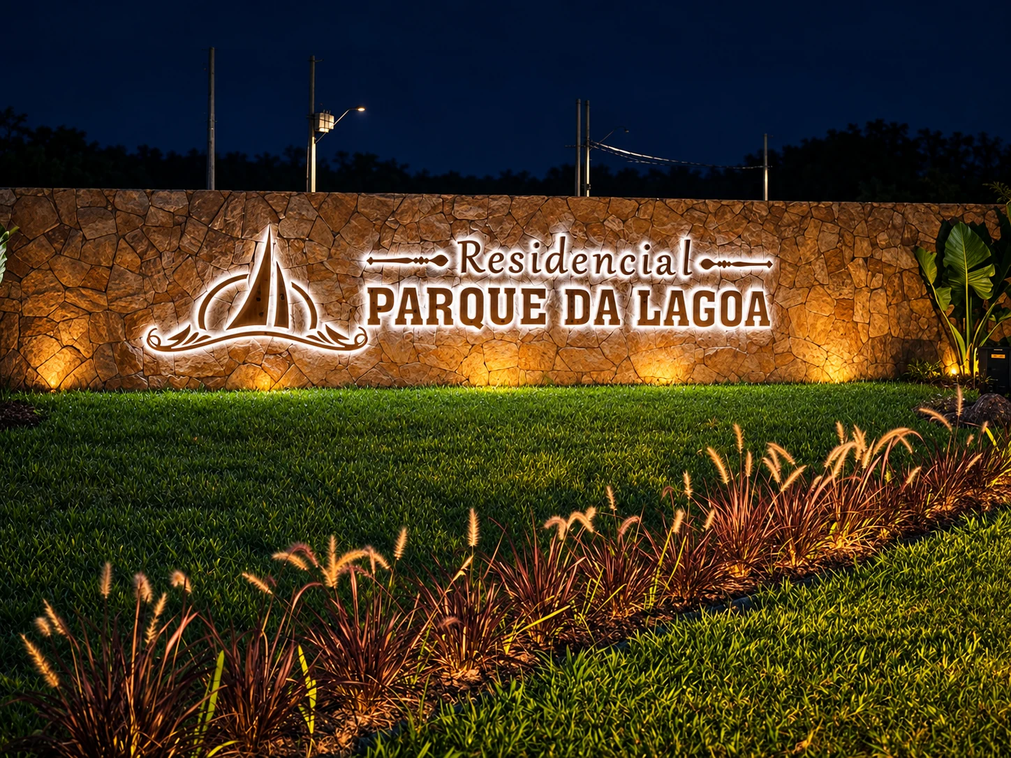 Portal de entrada iluminado do Residencial Parque da Lagoa à noite